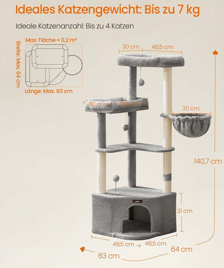 Feandrea Katzenbaum mit Höhle Spiel  und Liegeflächen 140cm für 36,99€ (statt 50€)