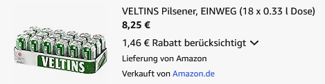 🍻 18er Pack VELTINS Pilsener 0,33L Dose ab 8,25€ (statt 17€) 🍻 18er Pack VELTINS Pilsener 0,33L Dose ab 8,25€ (statt 17€)