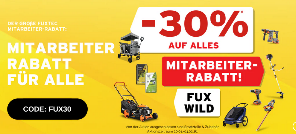 🔥 Fuxtec MA Rabatt: 30% Rabatt auf ALLES - z.B. FX-CT700 Bollerwagen für 130,20€ (statt 194€) 🔥 Fuxtec MA Rabatt: 30% Rabatt auf ALLES z.B. FX CT700 Bollerwagen für 130,20€ (statt 194€)
