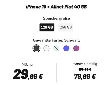 🍏📱 Apple iPhone 16 (128 GB) für 79,99€ + Vodafone Allnet 40GB 5G für 29,99€ mtl. 🍏📱 Apple iPhone 16 (128 GB) für 79,99€ + Vodafone Allnet 40GB 5G für 29,99€ mtl.