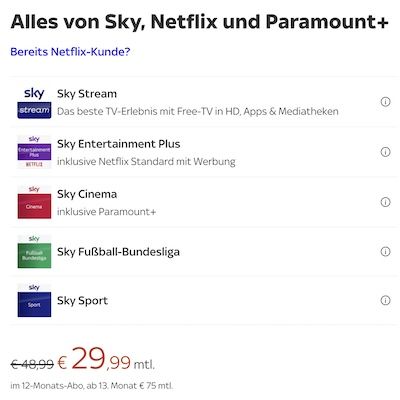 🔥 Sky komplett inkl. Netflix Standard (mit Werbung) & Paramount+ für 29,99€ mtl. (statt 75€)