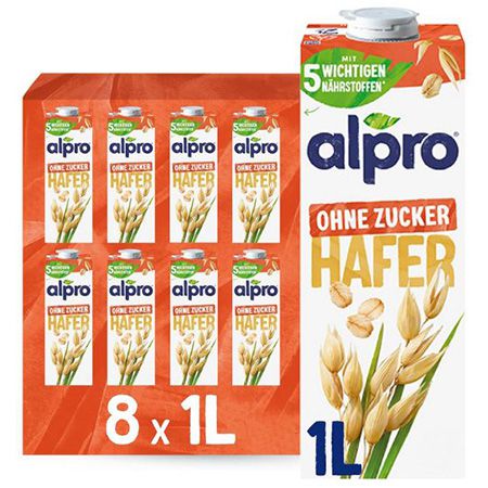 🥛 8er Pack Alpro Haferdrink ohne Zucker, je 1L ab 13,49€ (statt 19€)