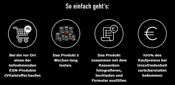 dm: ESN Produkt ausprobieren   bei Unzufriedenheit Geld zurück