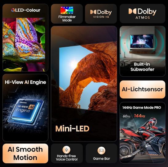 📺 Hisense 50U7Q 50 4K Mini LED ULED Smart TV bis 144Hz für 427€ (statt 475€)