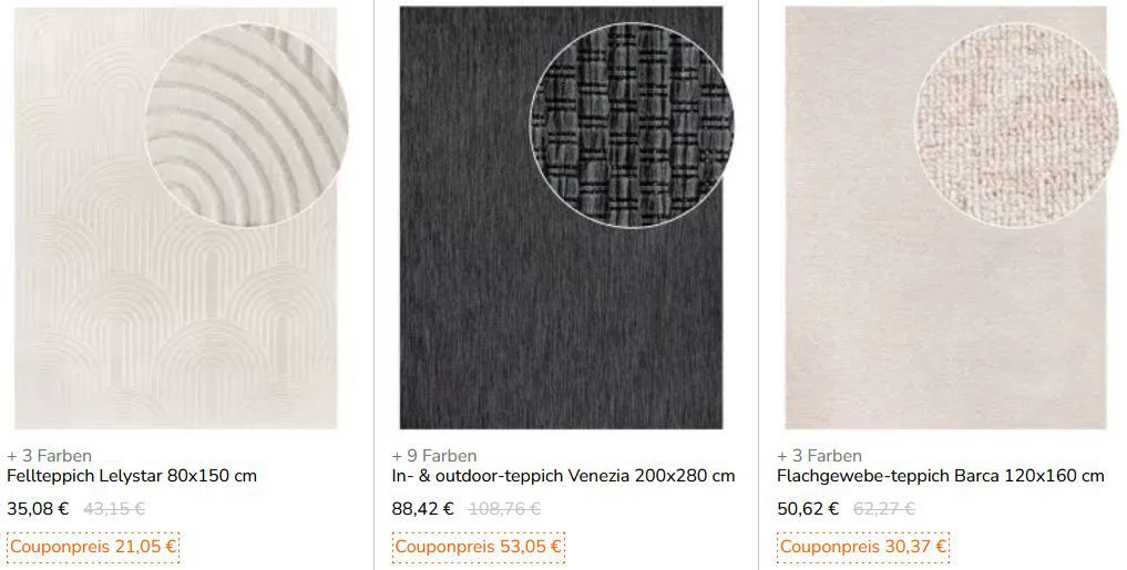 🛋️ Teppich.de Black Week mit bis zu 60% Rabatt - z.B. Teppich Calissa 21€ (statt 43€) 🛋️ Teppich.de Black Week mit bis zu 60% Rabatt z.B. Teppich Calissa 21€ (statt 43€)