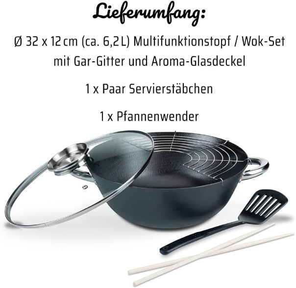 🥢 GSW Wok Set mit Deckel & Pfannenwender, 32cm für 27,99€ (statt 33€)