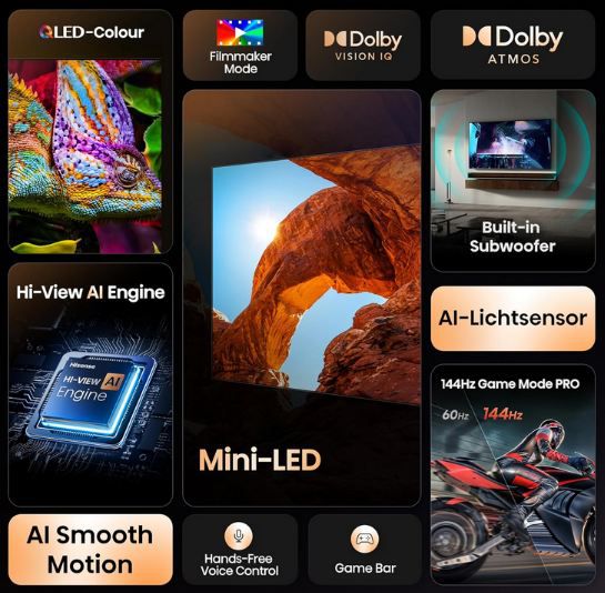 📺 Hisense 85U7Q 85 📺 Hisense 85U7Q 85 4K Mini LED ULED Smart TV mit 144Hz für 1.299€ (statt 1.438€)