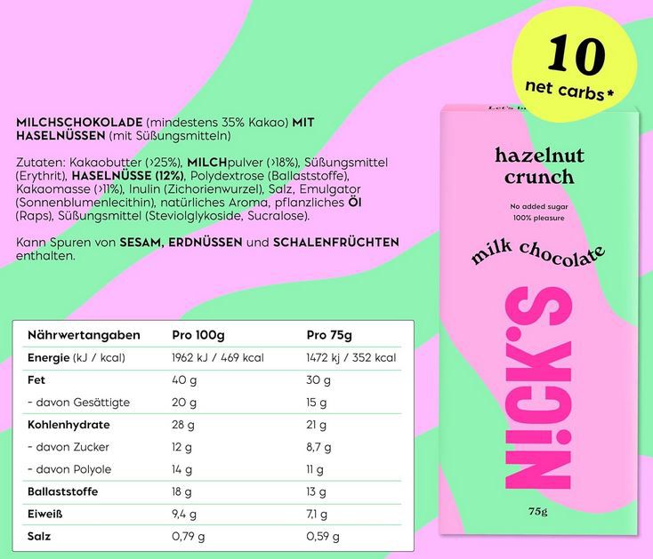 🍫 3er Pack NICKS Milchschokolade Haselnuss Crunch, 75g ab 7,60€ (statt 10€) 🍫 3er Pack NICKS Milchschokolade Haselnuss Crunch, 75g ab 7,60€ (statt 10€)