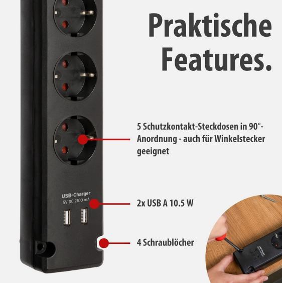 🔌 Brennenstuhl Bremounta 5 Fach Steckdosenleiste mit USB für 13,97€ (statt 19€)