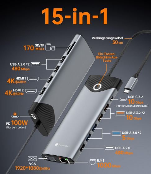 🖥️ NOVOO 15 in 1 USB C Docking Station mit Triple Display für 44,79€ (statt 56€)