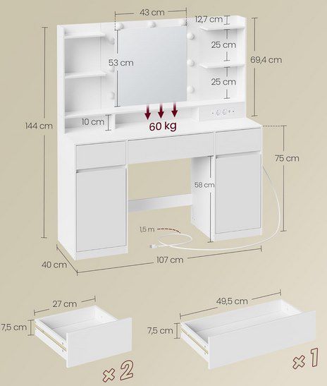 💁 VASAGLE Kailyn Schminktisch mit Spiegel, LEDs & Steckdosen für 109,69€ (statt 127€)