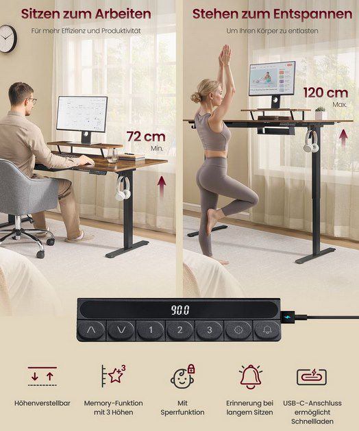 💼 VASAGLE höhenverstellbarer Schreibtisch mit USB C & Monitorständer für 105,99€ (statt 130€)