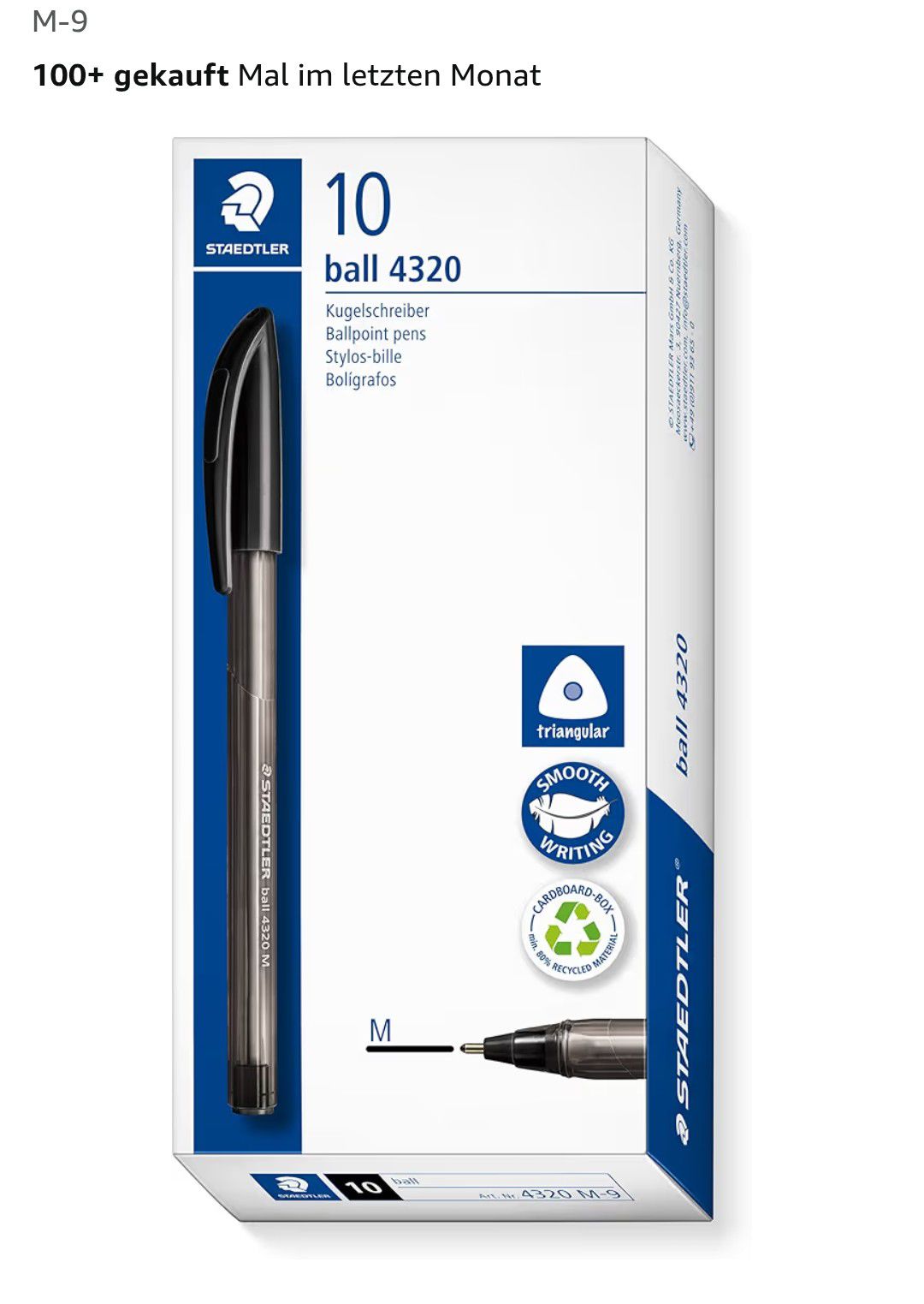 STAEDTLER dreikant stick Kugelschreiber, Schreibfarbe schwarz, Linienbreite M ca. 1,00 mm, für entspanntes Schreiben, 10 schwarze Kugelschreiber im Kartonetui, 4320 M-9 STAEDTLER dreikant stick Kugelschreiber, Schreibfarbe schwarz, Linienbreite M ca. 1,00 mm, für entspanntes Schreiben, 10 schwarze Kugelschreiber im Kartonetui, 4320 M 9
