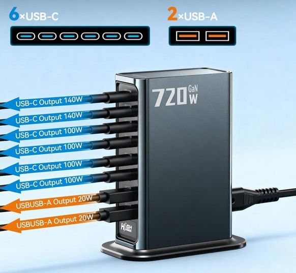 ⚡ Rocoren 720W USB C Ladestationmit 8 Ports & PD 140W für 34,89€ (statt 70€)