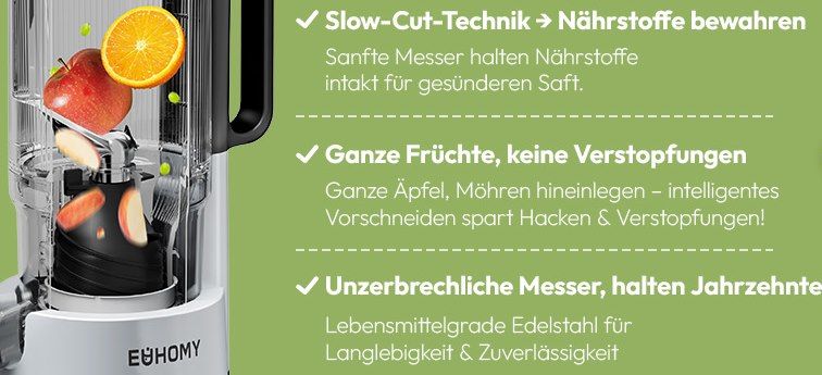 🥒🍌 EUHOMY Slow Juicer mit 135mm & 1,8L für 54,99€ (statt 80€)
