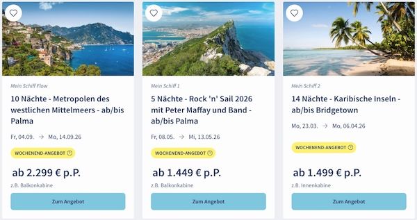 🚢 TUI Cruises Mein Schiff Wochenendangebote 🏝️ z.B. Rock´n´Sail Tour mit Peter Maffay