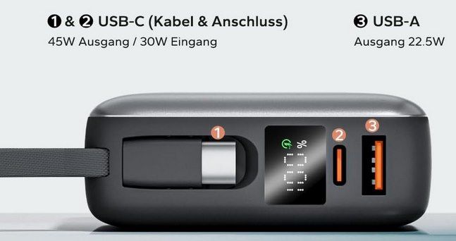 🔋 Eazpower Powerbank 20.000mAh 45W mit integr. USB C Kabel für 23,99€ (statt 40€)