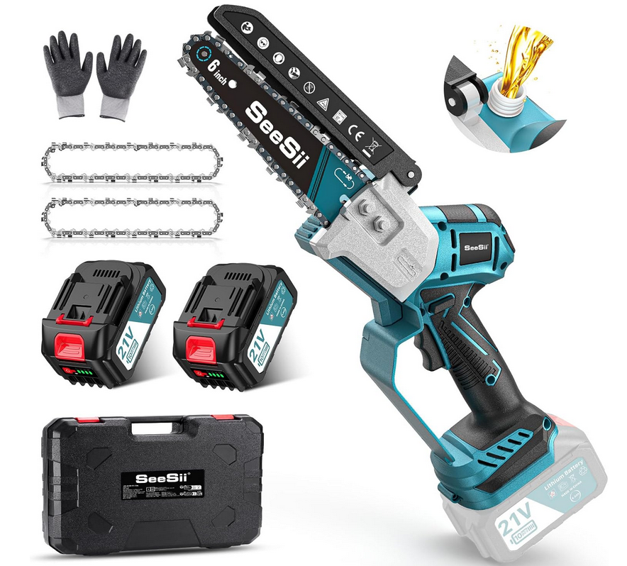 SEESII Bürstenlose Mini Kettensäge 15cm + 2 Akku +Zubehör für 59,99€ (statt 80€)