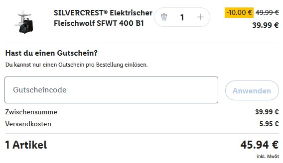 🥩🍩 Silvercrest SFWT 400 B1 elektrischer Fleischwolf für 45,94€ (statt 55€)