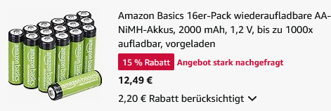 16 er Pack Amazon Basics AA Akkus 2.000 mAh für 12,49€ (statt 19€)   0,78€ pro Akku
