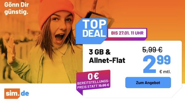 👌 Für Wenignutzer 📱 Sim.de Allnet-Flat mit 3GB 5G für 2,99€ mtl. - auch monatlich kündbar 👌 Für Wenignutzer 📱 Sim.de Allnet Flat mit 3GB 5G für 2,99€ mtl. auch monatlich kündbar