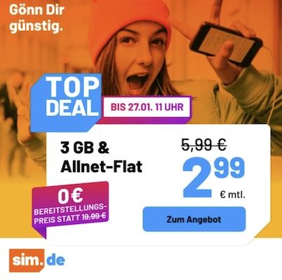 👌 Für Wenignutzer 📱 Sim.de Allnet-Flat mit 3GB 5G für 2,99€ mtl. – auch monatlich kündbar