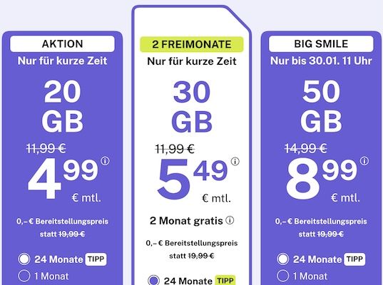 📶 bigSIM 1&1 Allnet Flat mit 30GB 5G für nur 5,49€ mtl. + 2 Monate geschenkt