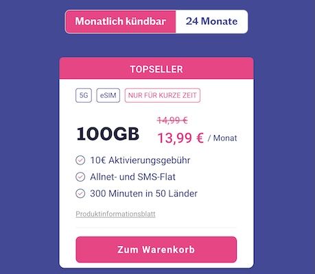 Lebara: o2 Allnet Flat mit 100GB & 300 Minuten in 50 Länder für 13,99€ mtl. + 15€ Bonus
