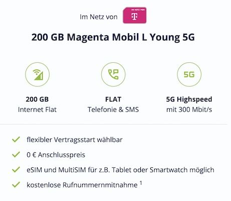 🔥 Young Tarif: Telekom Magenta Mobil L Young mit 200GB 5G für 14,95€ mtl. 🔥 Young Tarif: Telekom Magenta Mobil L Young mit 200GB 5G für 14,95€ mtl.