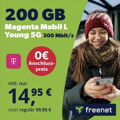 🔥 Young Tarif: Telekom Magenta Mobil L Young mit 200GB 5G für 14,95€ mtl.