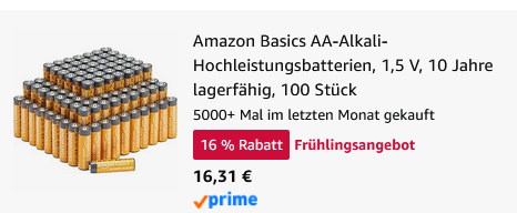 🔋 100x Amazon Basics AA Alkalisch Batterien mit 1.5V ab 16,31€ (statt 22€)