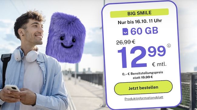 📶 bigSIM 1&1 Allnet-Flat mit 60GB 5G für 12,99€ mtl. + monatlich kündbar 📶 bigSIM 1&1 Allnet Flat mit 60GB 5G für 12,99€ mtl. + monatlich kündbar