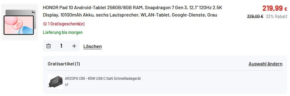 📱 Honor Pad 10 Tablet 256GB für 219,99€ (statt 260€) + 65W Schnellladegerät