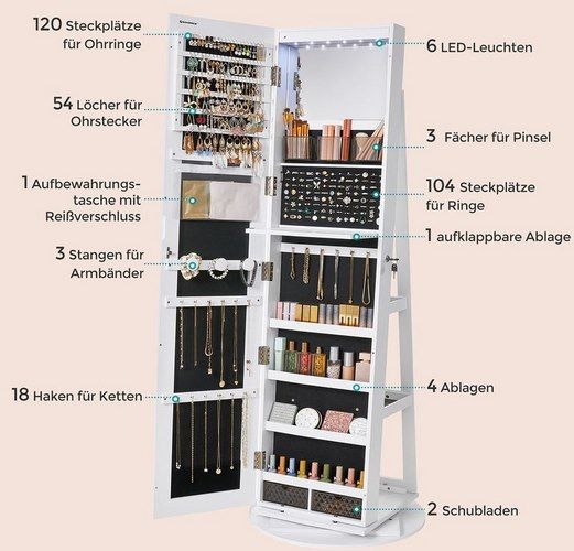 💍 SONGMICS drehbarer Schmuckschrank mit Spiegel & LEDs für 69,60€ (statt 90€)