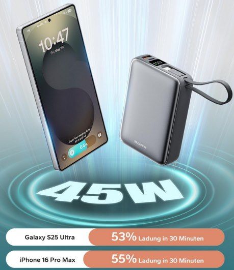 🔋 Eazpower Powerbank 20.000mAh 45W mit integr. USB C Kabel für 23,99€ (statt 40€)