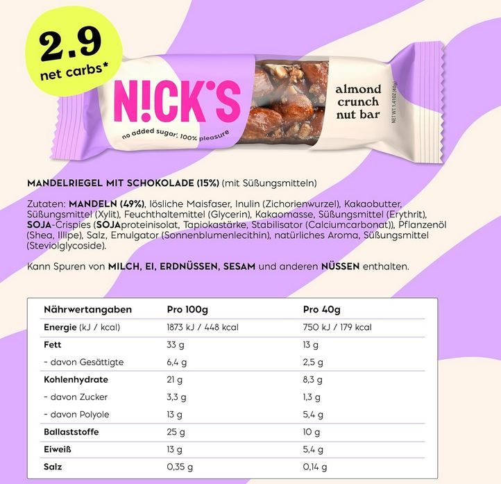 🍫 12er Pack NICKS Almond Crunch Keto Riegel, 40g ab 13,53€ (statt 20€)