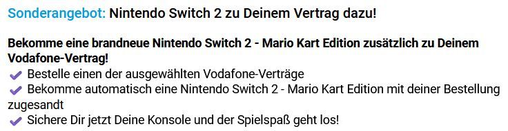 🎮 Nintendo Switch 2 Mario Kart Bundle + Vodafone 25GB für 29,99€ mtl. + 175€ Bonus