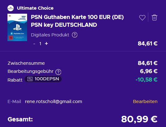 🎮 100€ Playstation Network (PSN) Guthabenkarte für 80,99€
