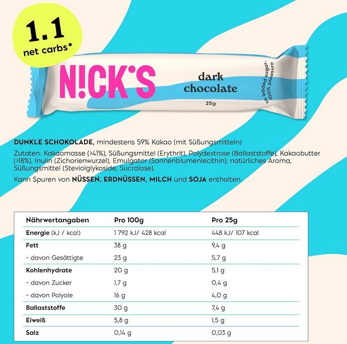 🍫 15er Pack Nicks Zartbitter Schokolade Keto Riegel ab 13,53€ (statt 20€)