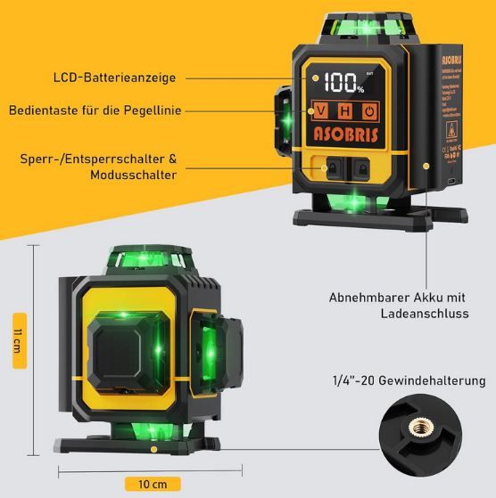 📏 Asobris Akku Kreuzlinienlaser mit Stativ, 16 Linien, Selbstnivellierend für 47,99€ (statt 80€)