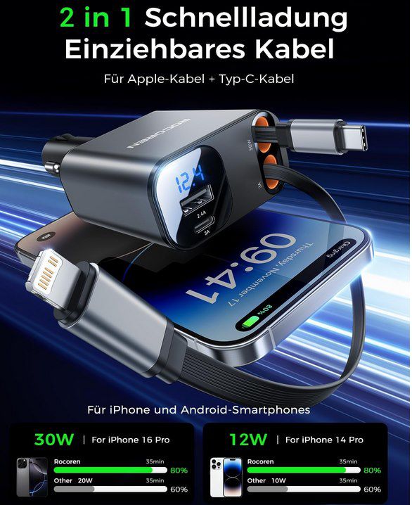 ⚡ Rocoren 69W Kfz Ladegerät mit ausziehbarem Kabel für 9,89€ (statt 15€) ⚡ Rocoren 69W Kfz Ladegerät mit ausziehbarem Kabel für 9,89€ (statt 15€)
