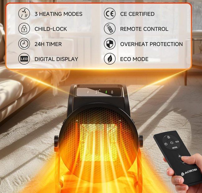 ♨️ AAOBOSI 3.000W Heizlüfter mit Fernbedienung & digitalem Thermostat für 49,99€ (statt 66€)