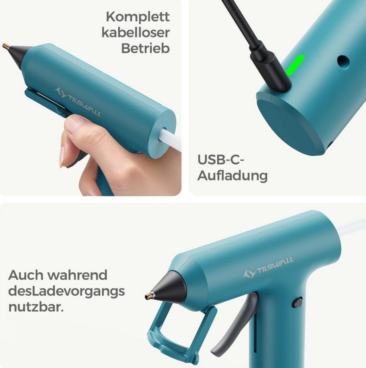 🔫 Tilswall Akku Heißklebepistole inkl. 20 Klebestifte für 10,99€ (statt 20€)