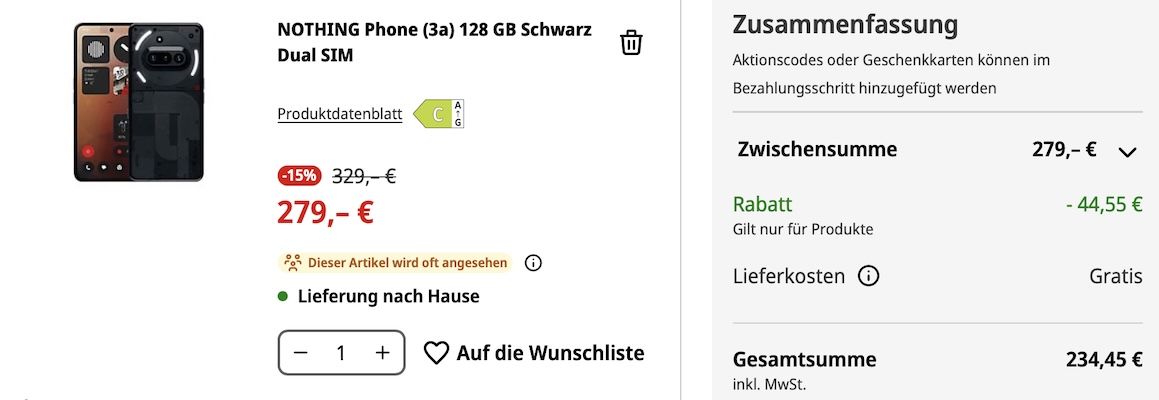 📲 Nothing Phone (3a) mit 8/128 GB für 234,45€ (statt 269€)