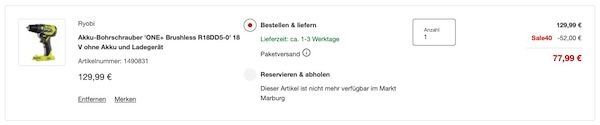 🏠 Ryobi Akku Bohrschrauber ONE+ Brushless R18DD5 0 18V für 77,88€ (statt 120€)