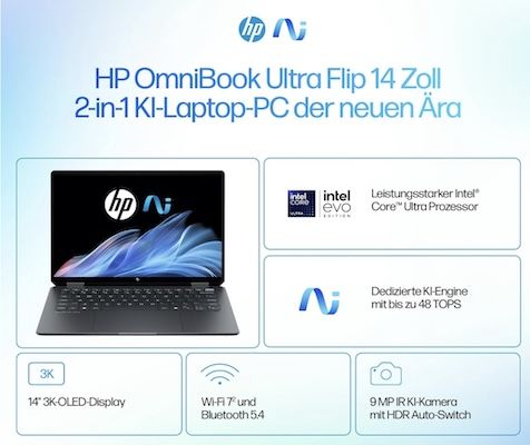 🧑‍💻 HP OmniBook Ultra Flip Next Gen AI Laptop mit 32GB/2TB für 1.750€ (statt 1.879€) 👉🏻 200€ Cashback