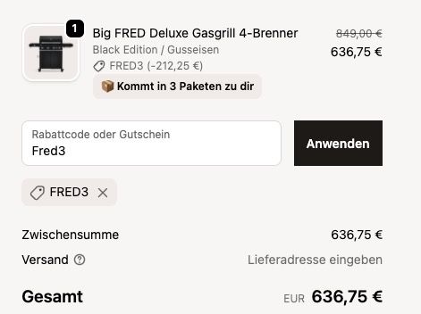 🥩💨 Burnhard Big Fred Deluxe Black Gasgrill mit Haube ➡️ für 636,75€ (statt 720€)