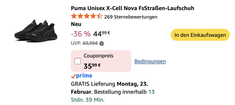 👟 Puma Unisex X Cell Nova FS Straßen Laufschuh für 35,99€ (statt 45€)