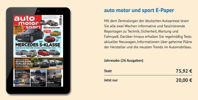 🚗💨 Jahresabo auto motor und sport mit 26 Ausgaben als E Paper für 20€ (statt 76€)