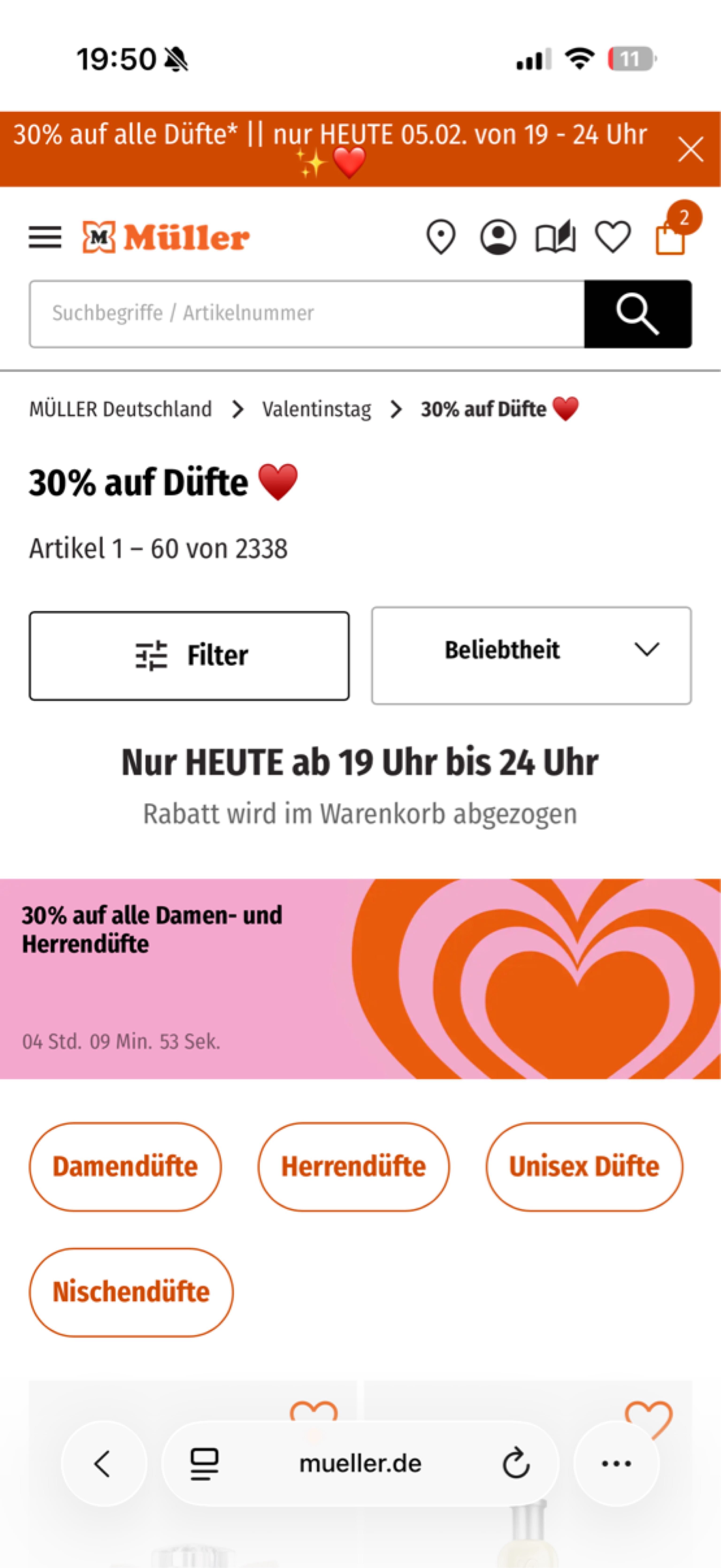 Müller Drogeriemarkt 30% Rabatt auf Düfte bis Mitternacht